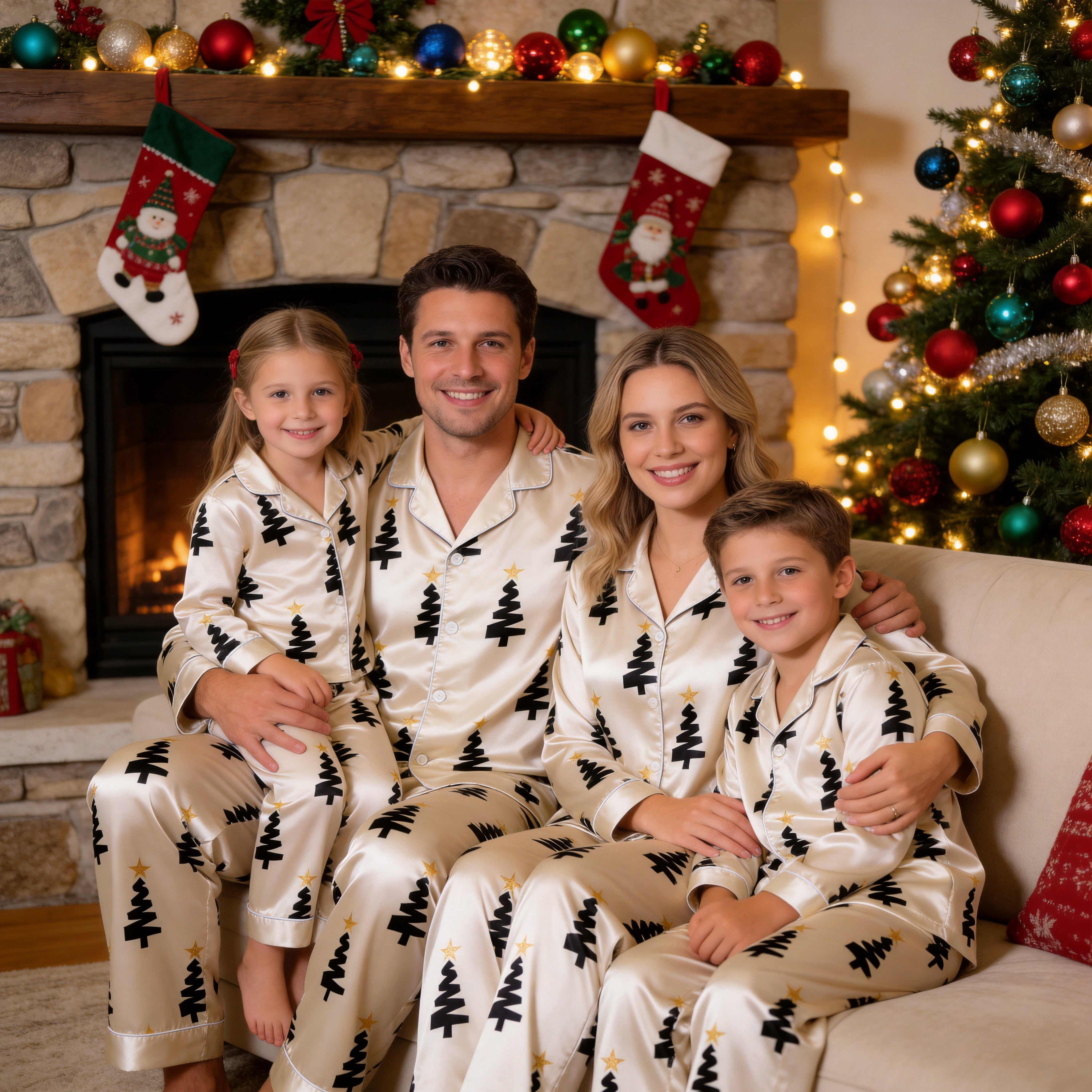 White Black Christmas Tree Yellow Star Print Satin Button-Up Family Christmas Pajamas Set
