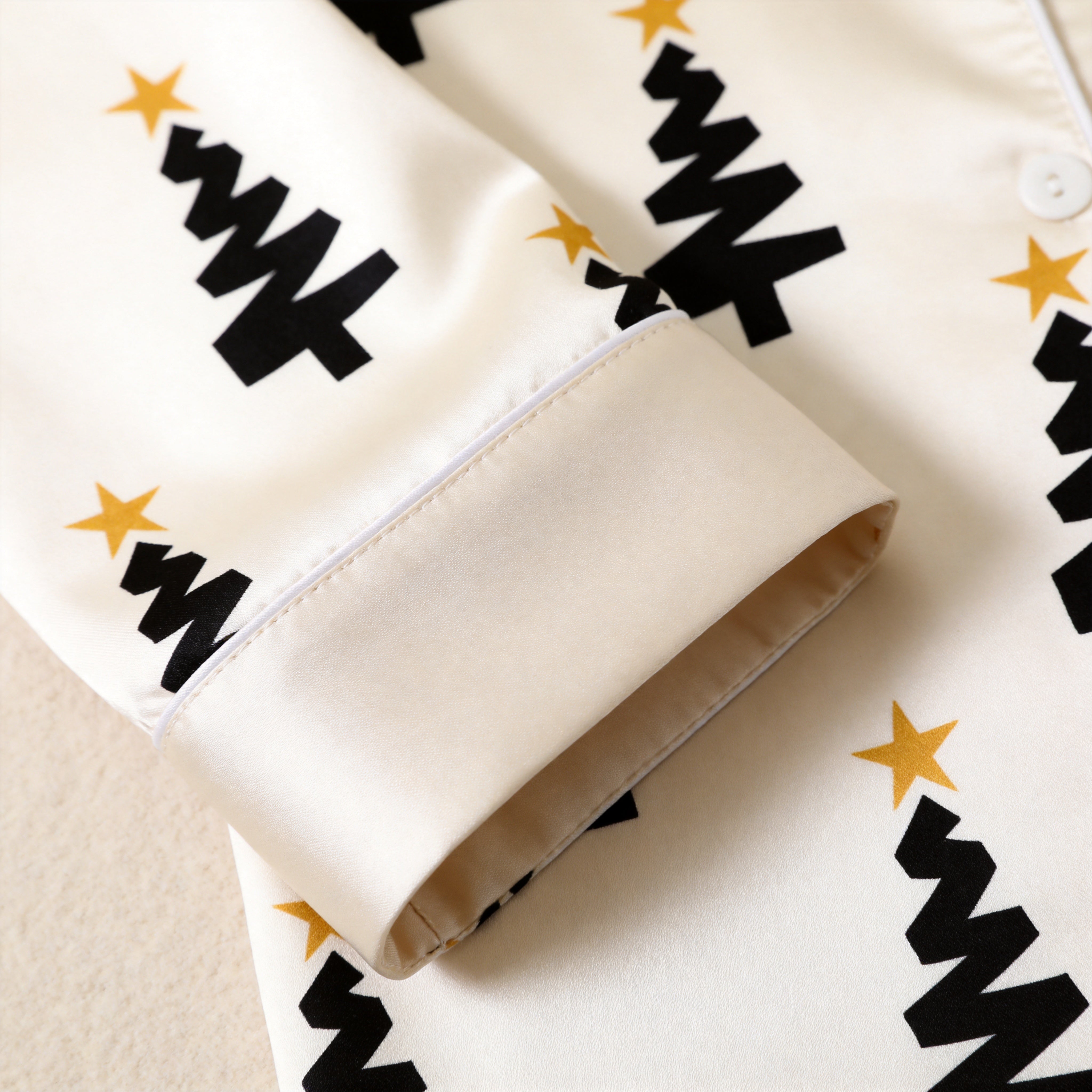 Modern Black Christmas Tree & Star Satin Matching Pajamas for Couples – Long Sleeve Button-Down Top & Pants Sleepwear Set