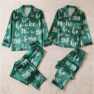 Emerald Green "Ho Ho Ho" Script Satin Matching Pajamas for Couples – Long Sleeve Button-Down Top & Pants Sleepwear Set