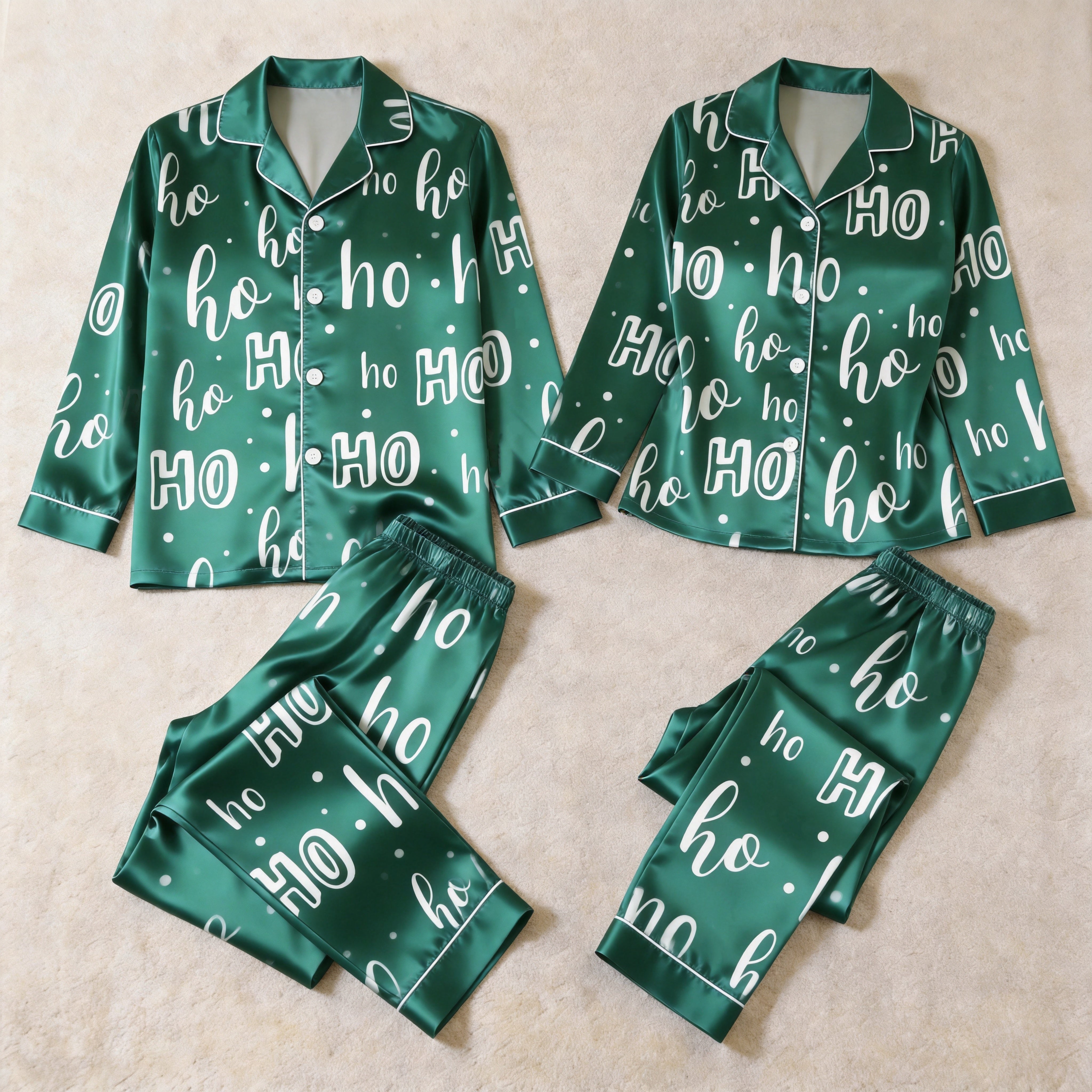 Emerald Green "Ho Ho Ho" Script Satin Matching Pajamas for Couples – Long Sleeve Button-Down Top & Pants Sleepwear Set