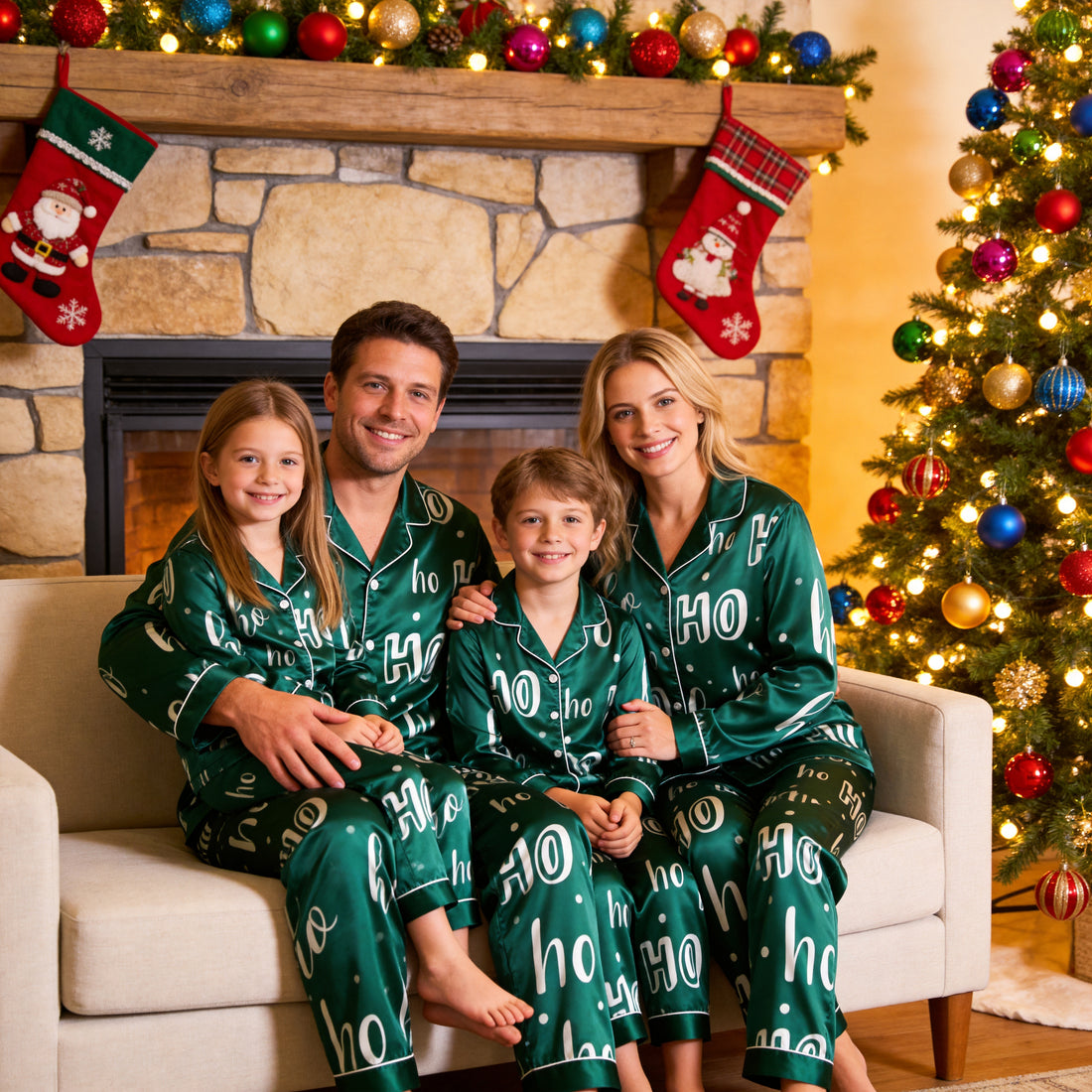 Emerald Green White Ho Ho Letter Print Satin Button-Up Family Christmas Pajamas Set