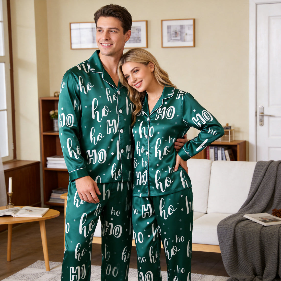 Emerald Green "Ho Ho Ho" Script Satin Matching Pajamas for Couples – Long Sleeve Button-Down Top & Pants Sleepwear Set