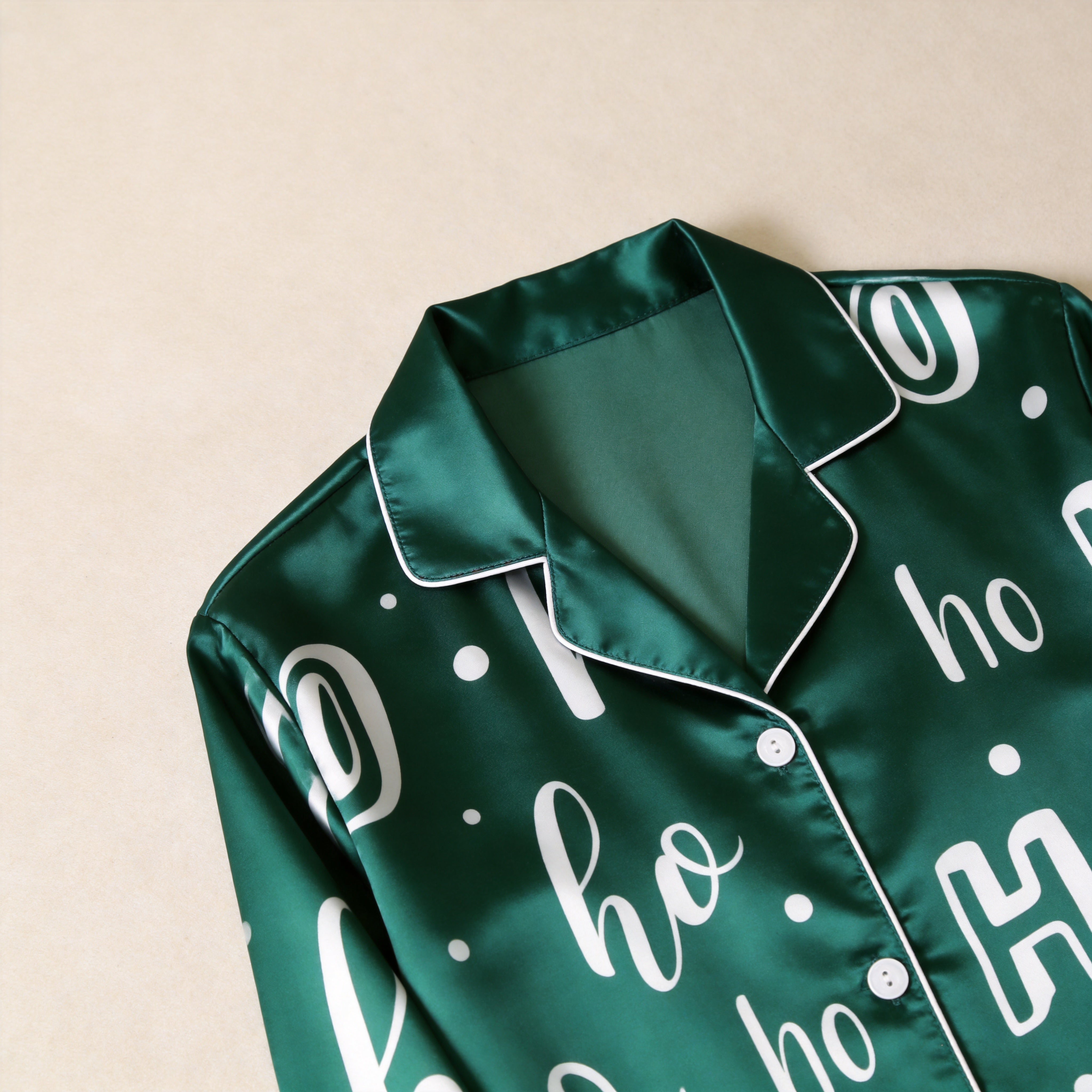 Emerald Green White Ho Ho Letter Print Satin Button-Up Family Christmas Pajamas Set