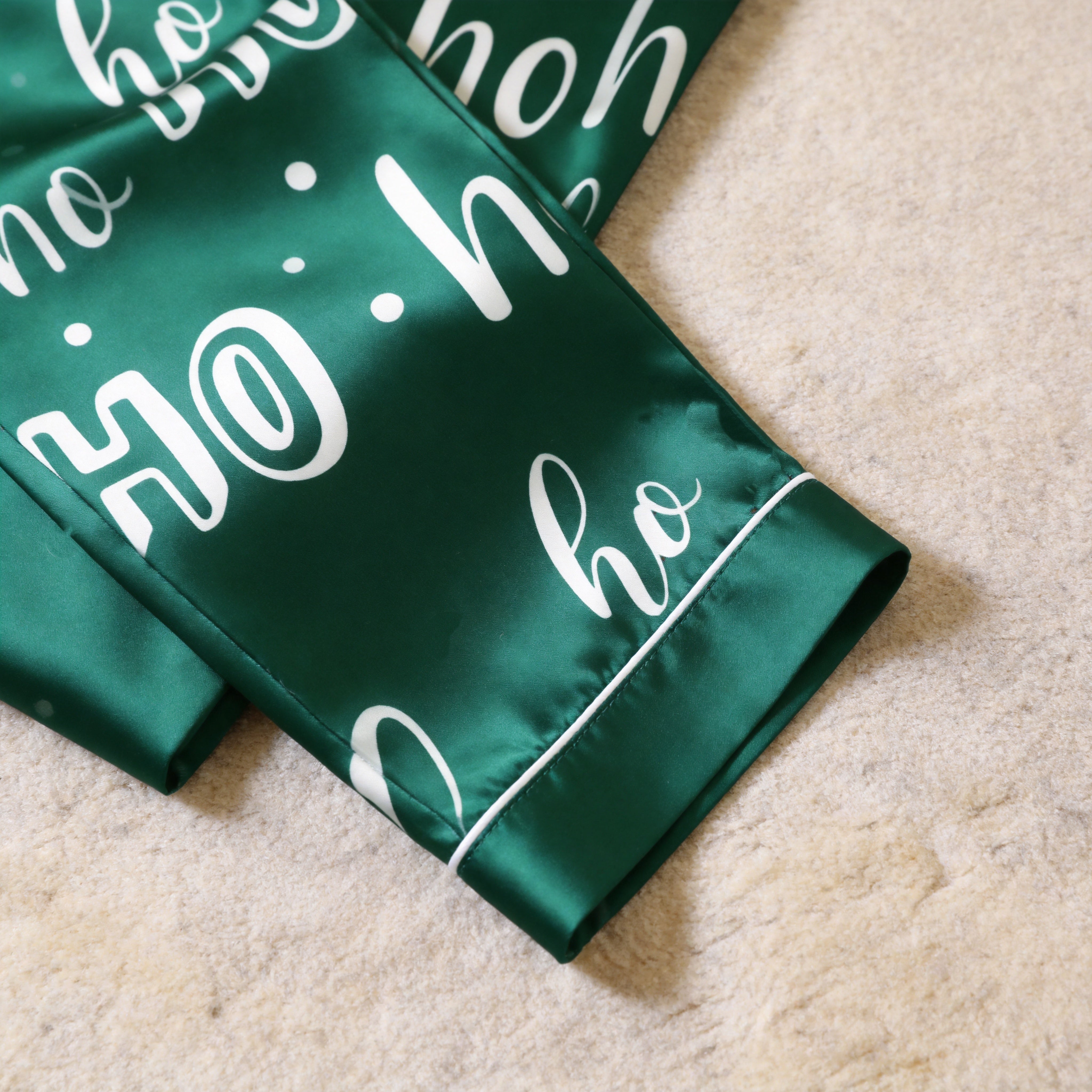 Emerald Green White Ho Ho Letter Print Satin Button-Up Family Christmas Pajamas Set