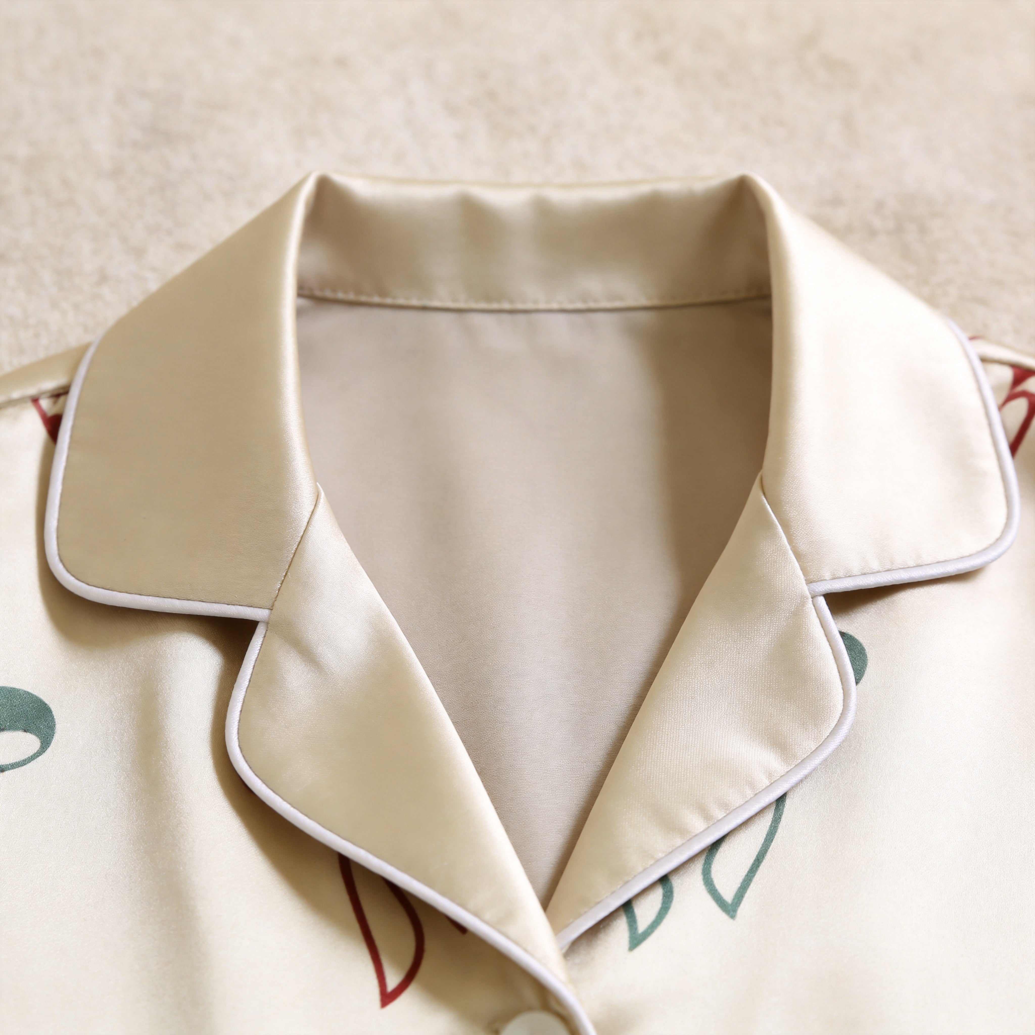 Cream Candy Cane Heart & Bow Satin Matching Pajamas for Couples – Long Sleeve Button-Down Top & Pants Sleepwear Set