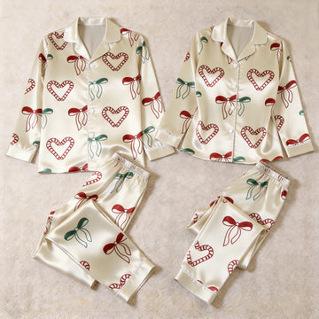 Cream Candy Cane Heart & Bow Satin Matching Pajamas for Couples – Long Sleeve Button-Down Top & Pants Sleepwear Set