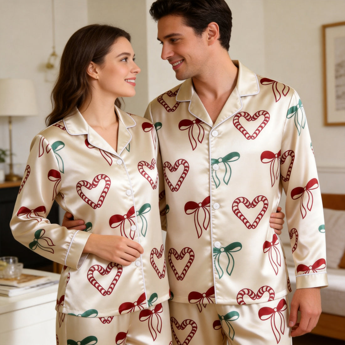 Cream Candy Cane Heart & Bow Satin Matching Pajamas for Couples – Long Sleeve Button-Down Top & Pants Sleepwear Set
