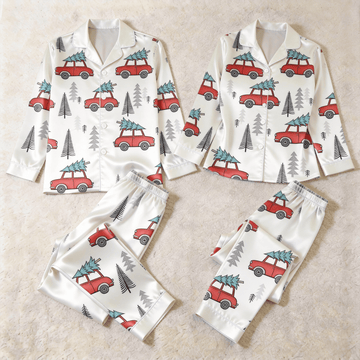 Vintage Red Car & Christmas Tree Print Satin Matching Pajamas for Couples – Long Sleeve Button-Down Top & Pants Sleepwear Set