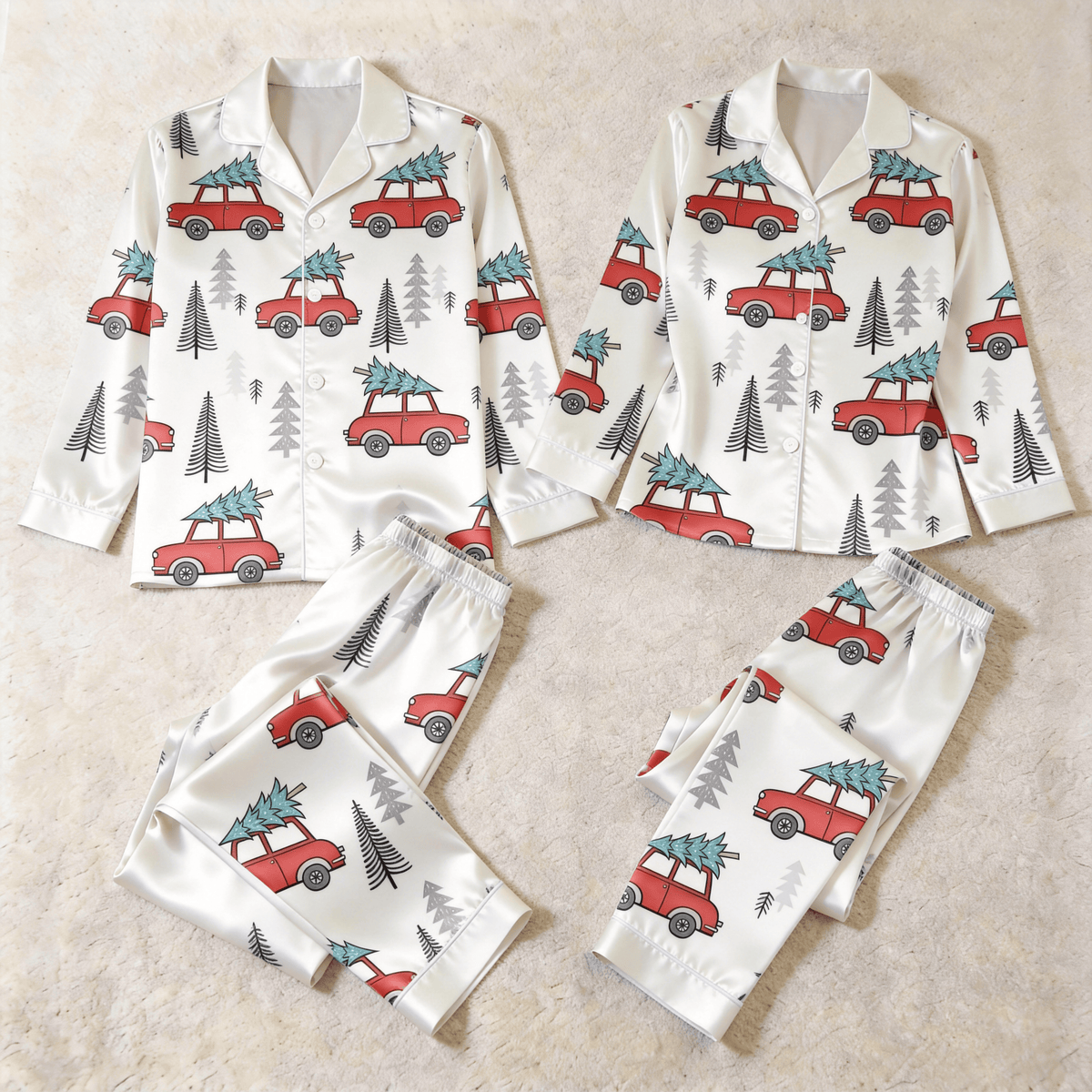 Vintage Red Car & Christmas Tree Print Satin Matching Pajamas for Couples – Long Sleeve Button-Down Top & Pants Sleepwear Set