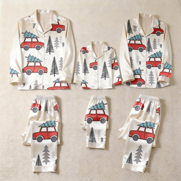 Cream Red Car Christmas Tree Print Satin Button-Up Family Christmas Pajamas Set