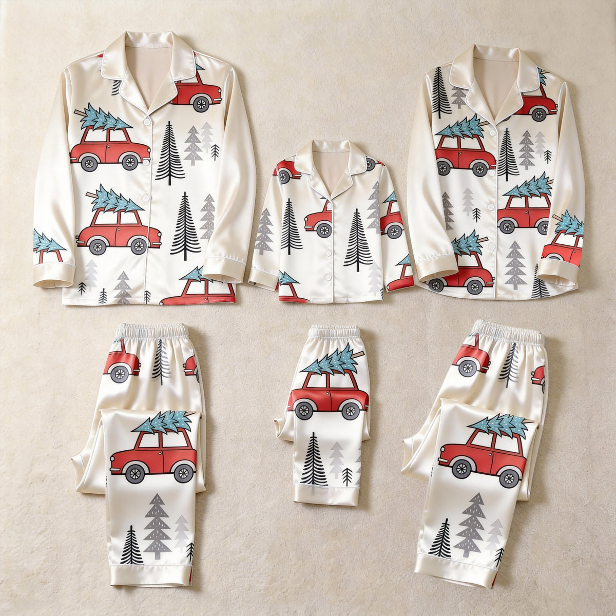Cream Red Car Christmas Tree Print Satin Button-Up Family Christmas Pajamas Set