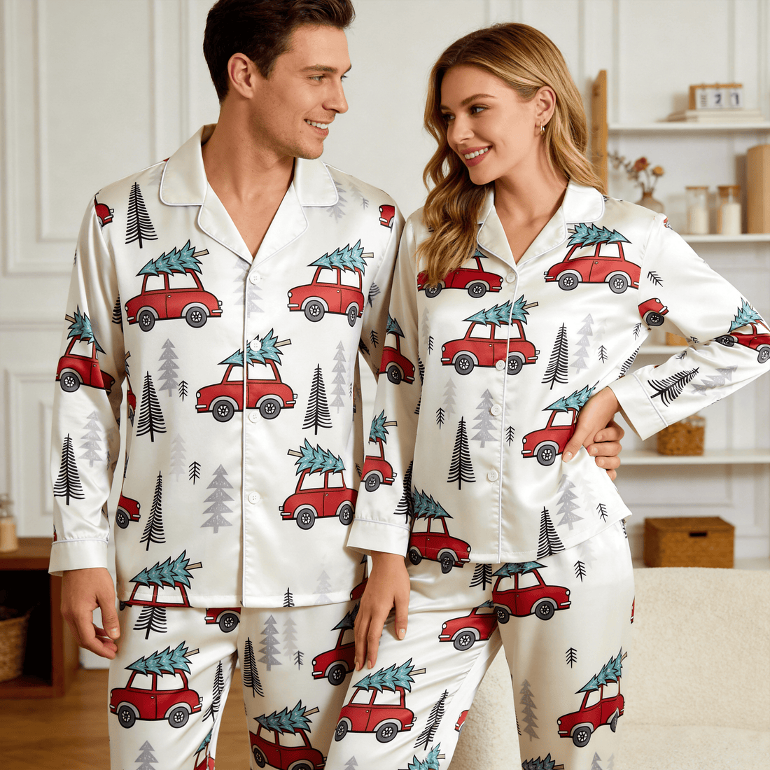 Vintage Red Car & Christmas Tree Print Satin Matching Pajamas for Couples – Long Sleeve Button-Down Top & Pants Sleepwear Set