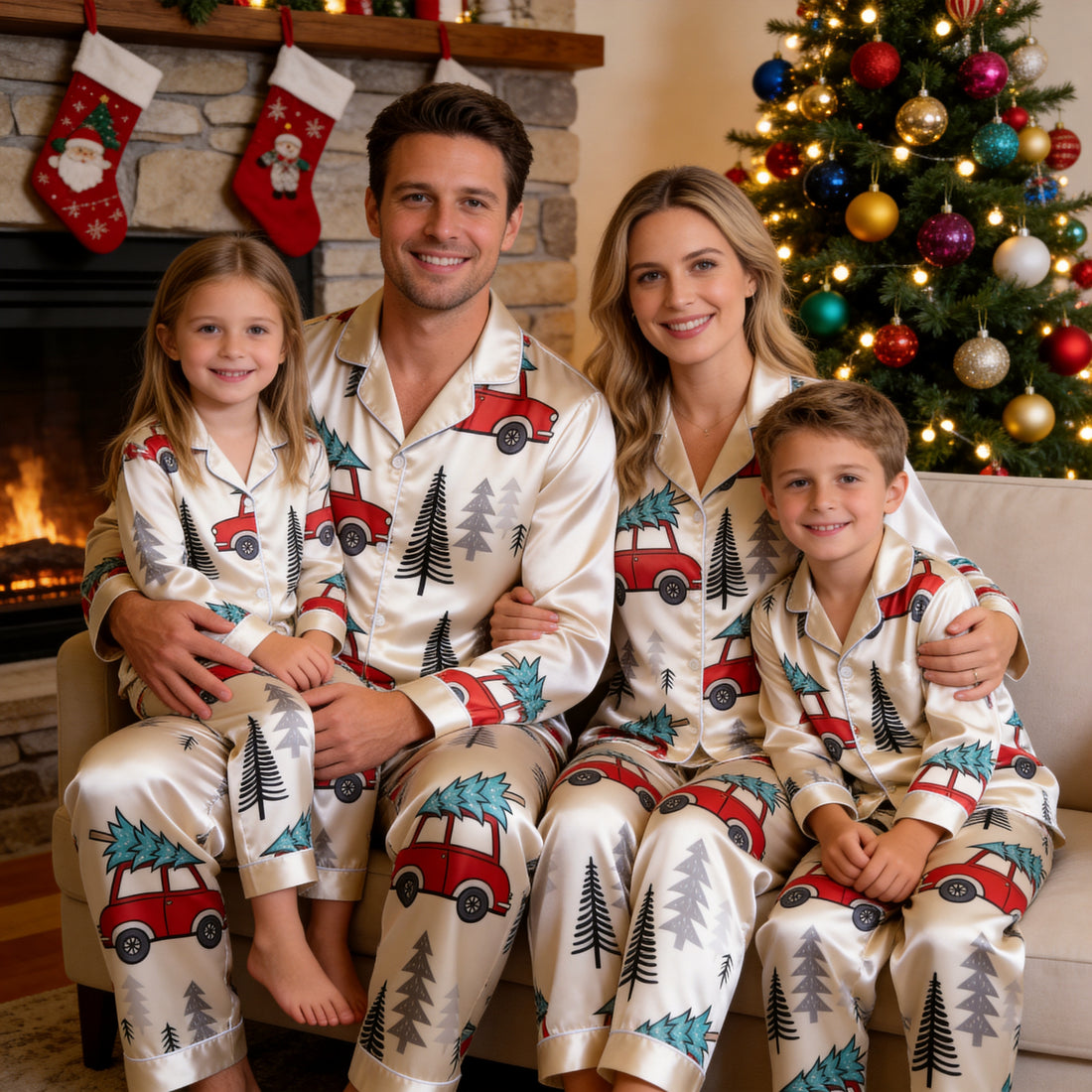 Cream Red Car Christmas Tree Print Satin Button-Up Family Christmas Pajamas Set