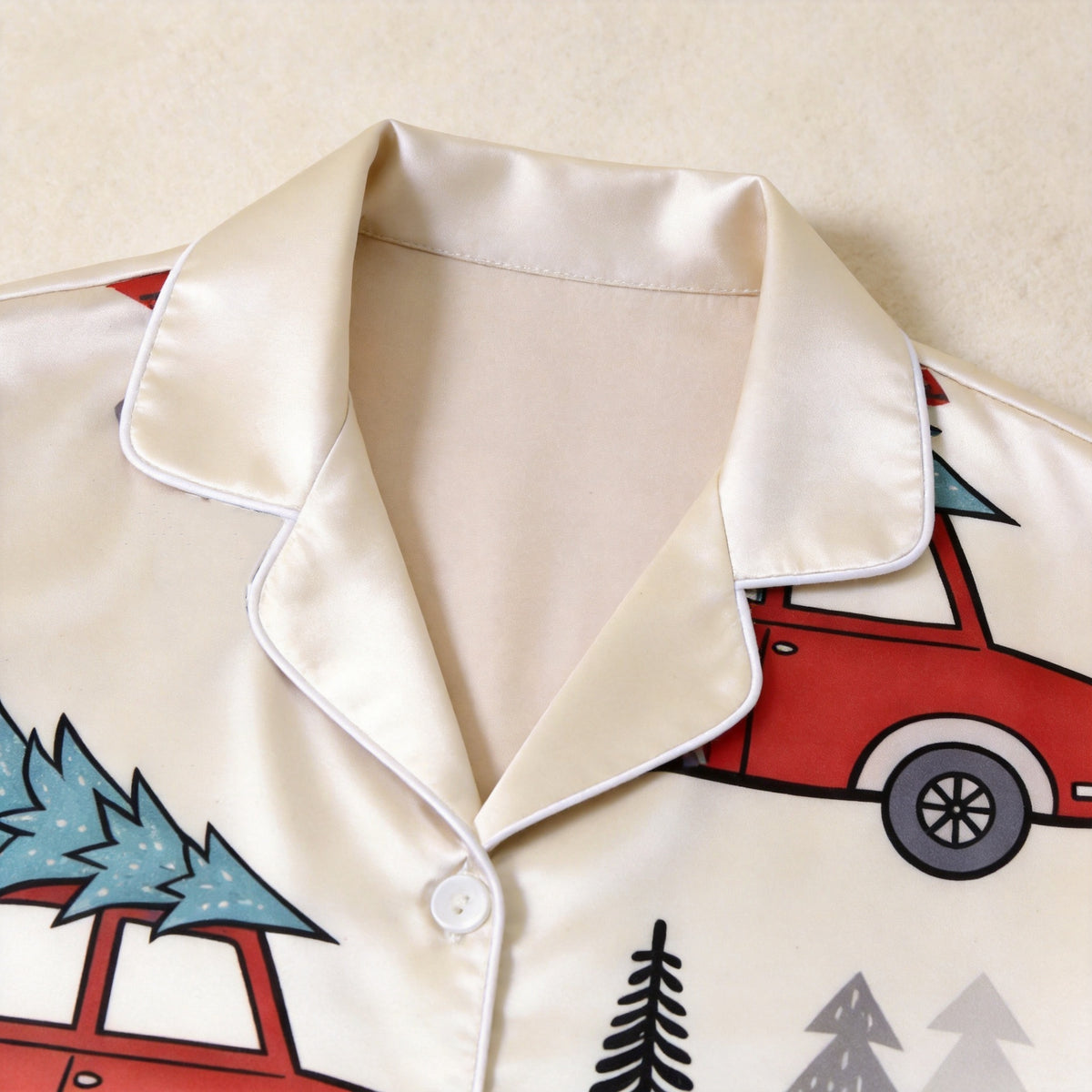 Cream Red Car Christmas Tree Print Satin Button-Up Family Christmas Pajamas Set