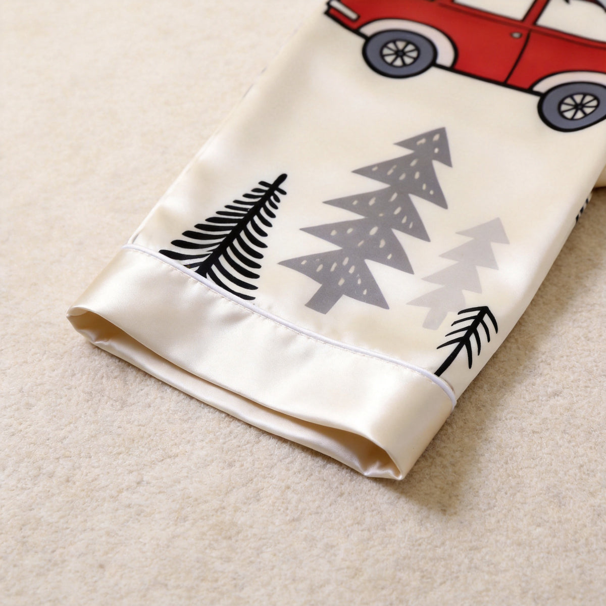 Vintage Red Car & Christmas Tree Print Satin Matching Pajamas for Couples – Long Sleeve Button-Down Top & Pants Sleepwear Set