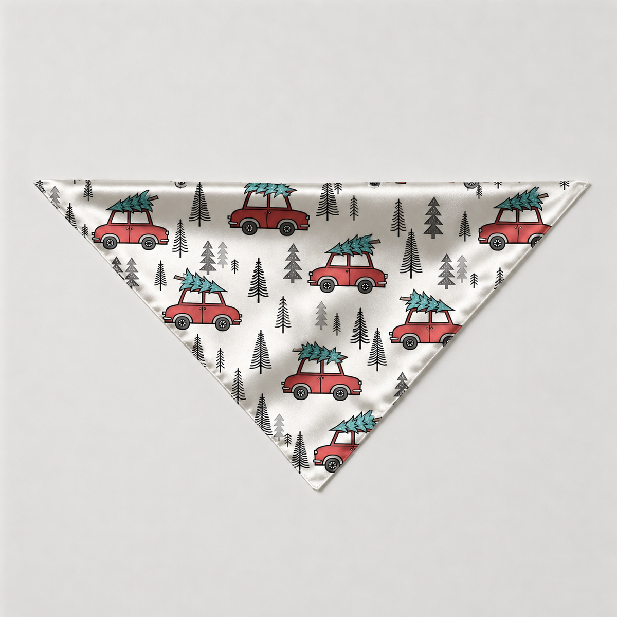 Cream Red Car Christmas Tree Print Satin Button-Up Family Christmas Pajamas Set