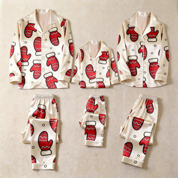 Red Mitten Print Satin Button-Up Family Christmas Pajamas Set