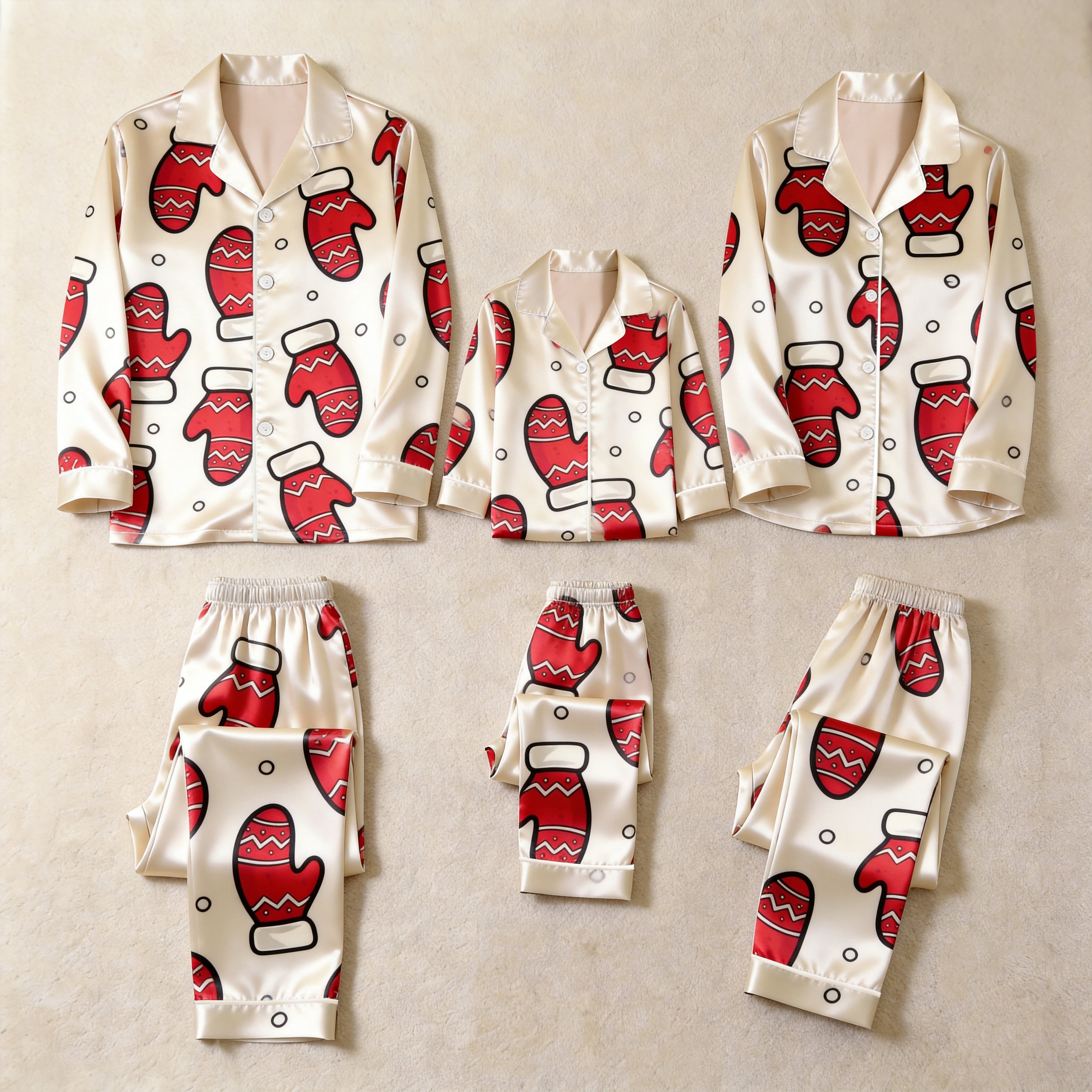 Red Mitten Print Satin Button-Up Family Christmas Pajamas Set