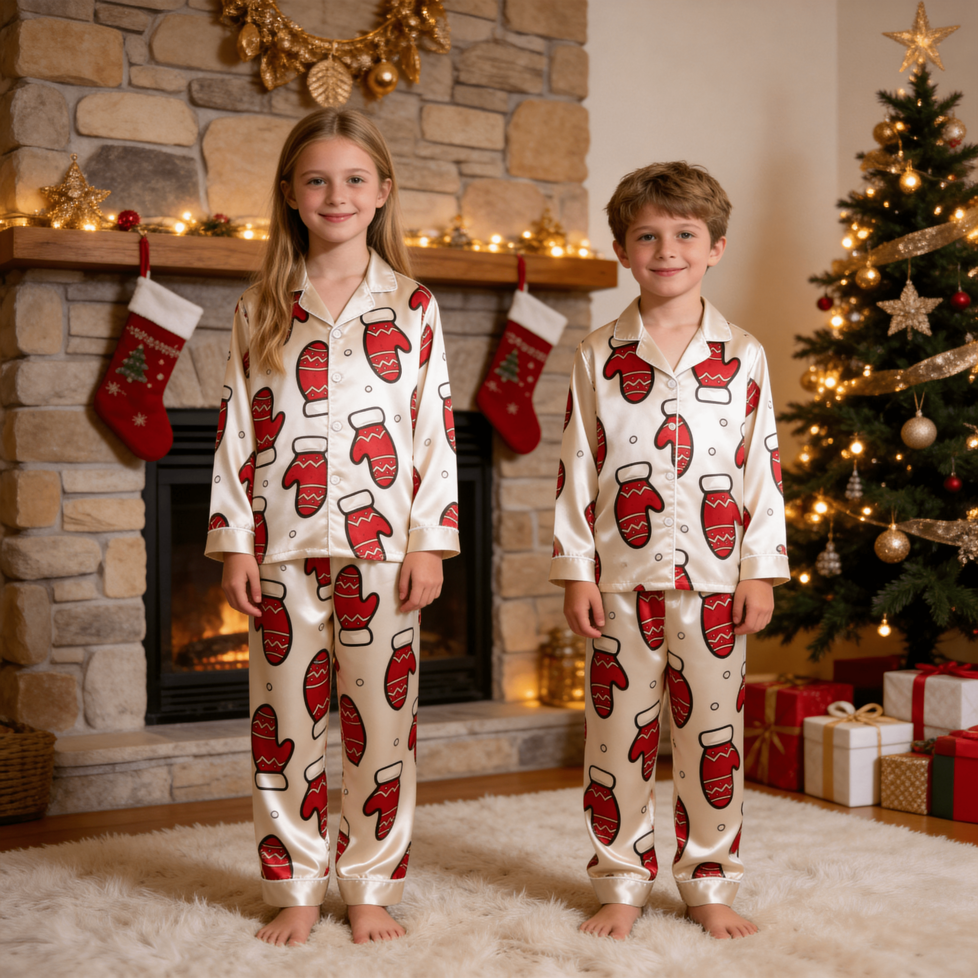 Red Mitten Print Satin Button-Up Family Christmas Pajamas Set