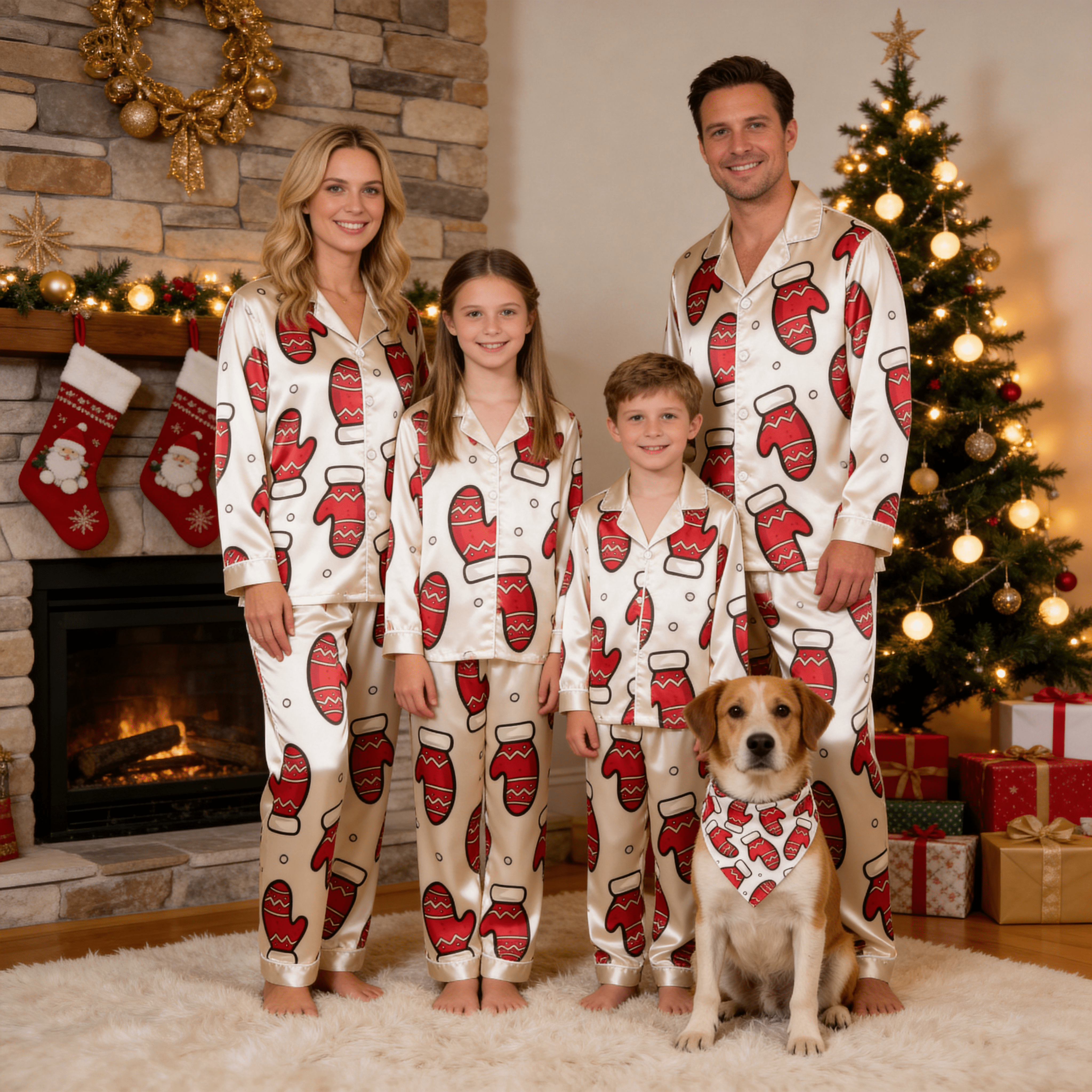 Red Mitten Print Satin Button-Up Family Christmas Pajamas Set