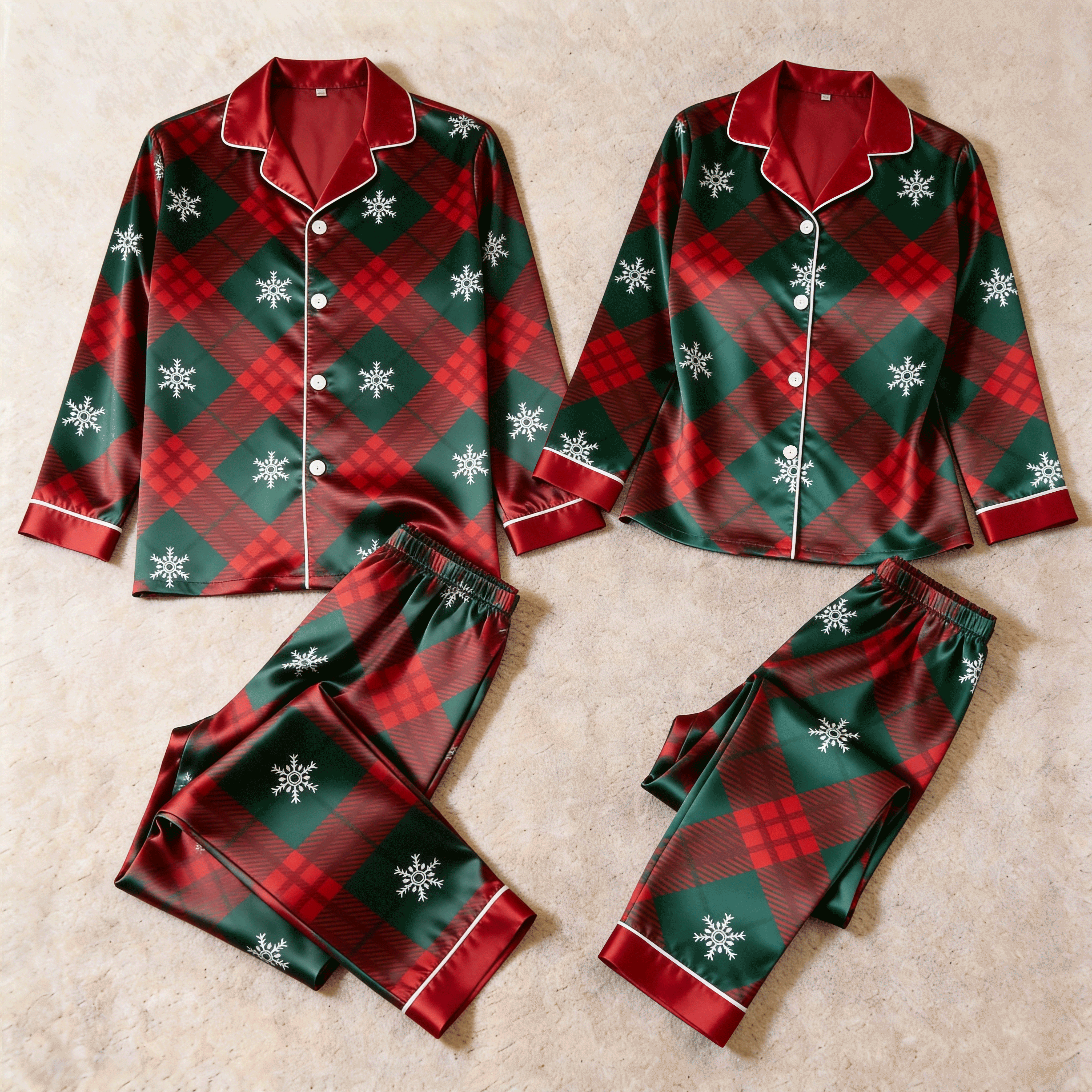 Holiday Snowflake Plaid Satin Matching Pajamas for Couples – Long Sleeve Button-Down Top & Pants Sleepwear Set