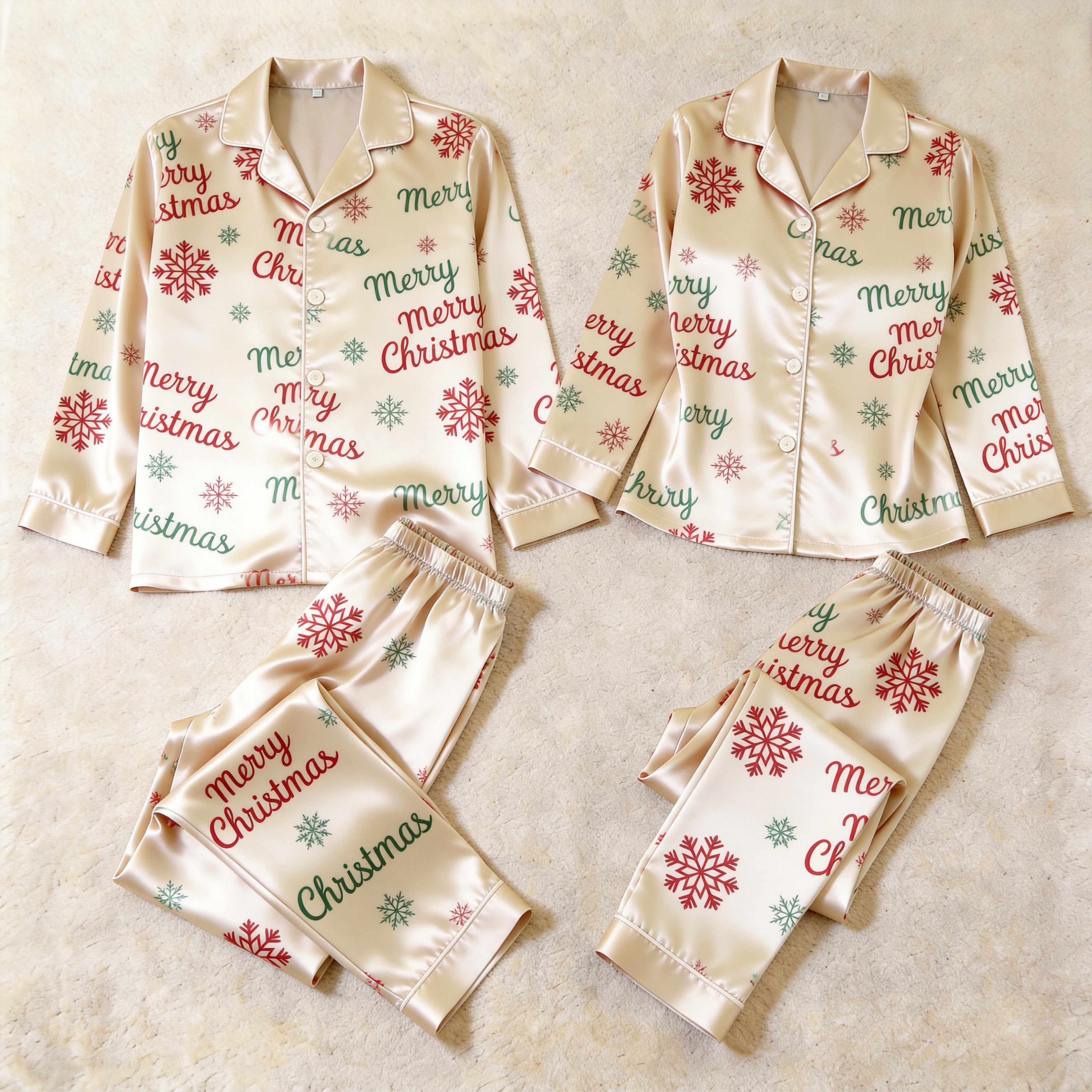 Merry Christmas Snowflake Satin Matching Pajamas for Couples – Long Sleeve Button-Down Top & Pants Sleepwear Set