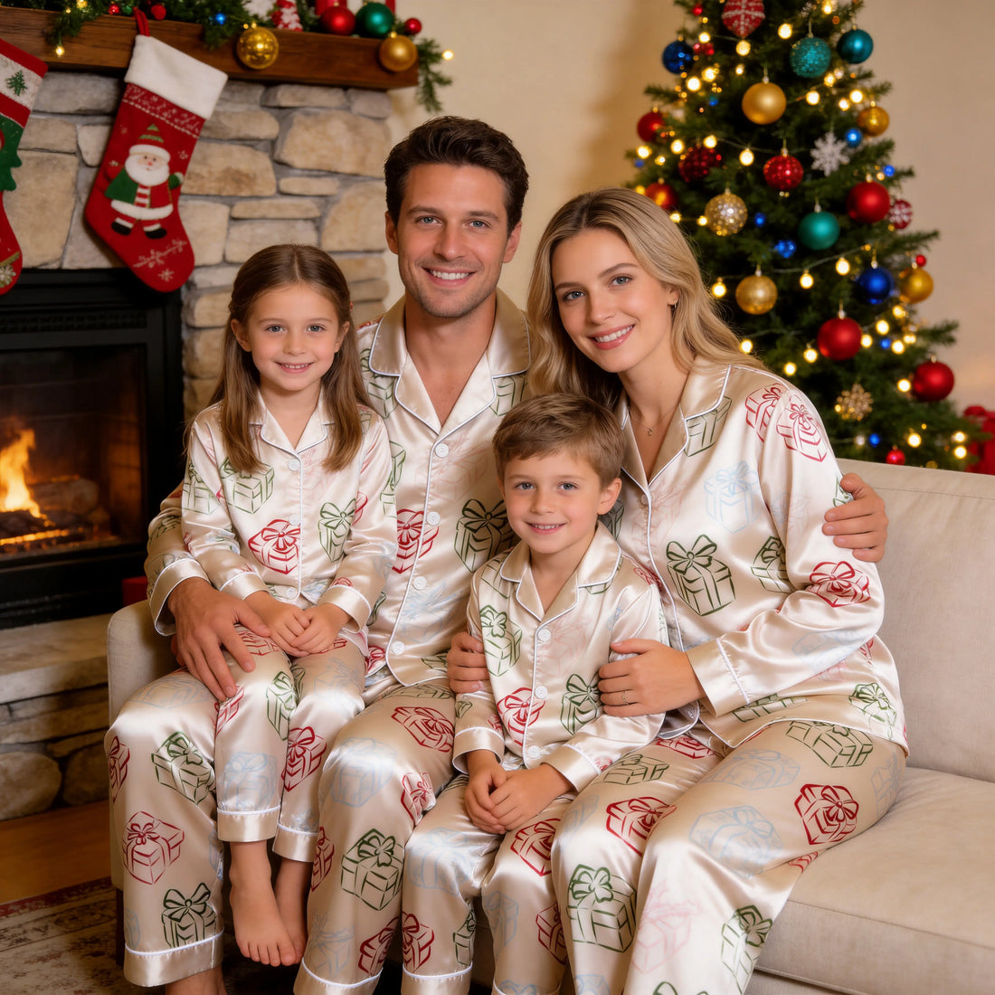 Cream Red Green Blue Gift Box Bow Print Satin Button-Up Family Christmas Pajamas Set