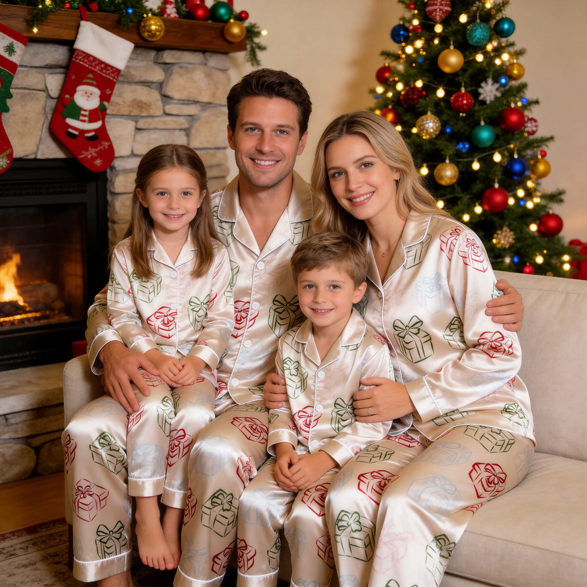 Cream Red Green Blue Gift Box Bow Print Satin Button-Up Family Christmas Pajamas Set