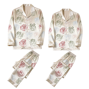 Cream Multi-Color Gift Box Print Satin Matching Pajamas for Couples – Long Sleeve Button-Down Top & Pants Sleepwear Set