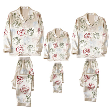 Cream Red Green Blue Gift Box Bow Print Satin Button-Up Family Christmas Pajamas Set