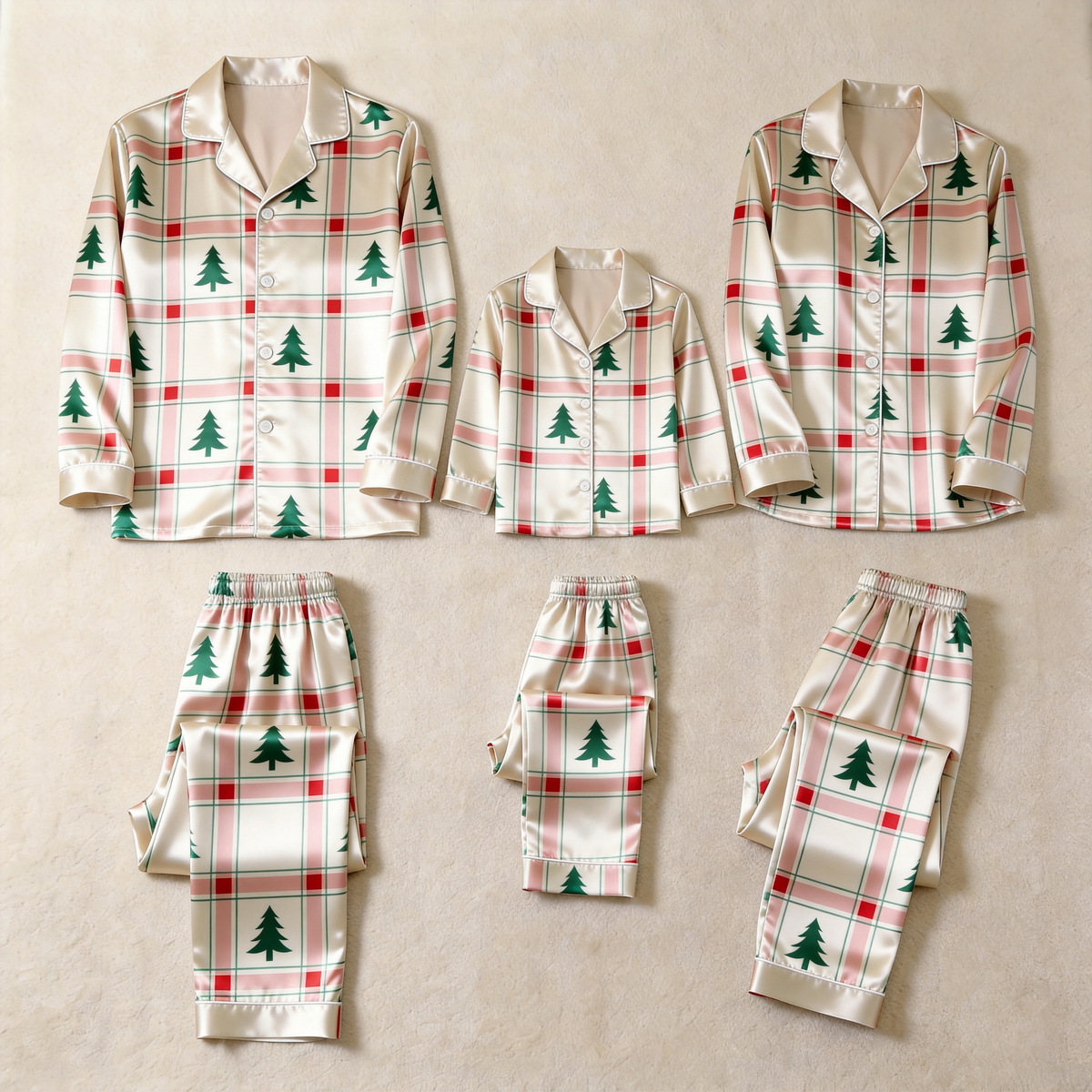 Family Christmas Tree Satin Pajama Set Festive Plaid Button-Front Holiday Sleepwear Lounge Top and Pants