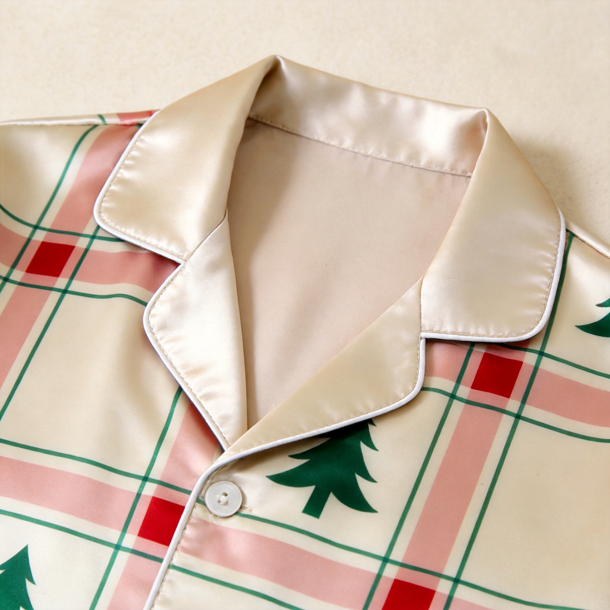 Christmas Tree Plaid Satin Matching Pajamas for Couples – Long Sleeve Button-Down Top & Pants Sleepwear Set