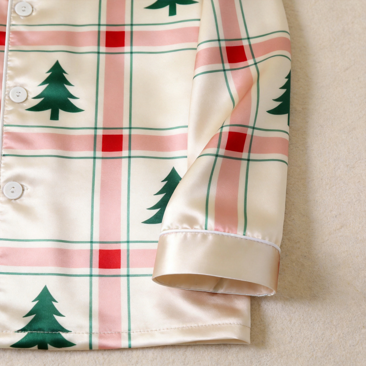 Christmas Tree Plaid Satin Matching Pajamas for Couples – Long Sleeve Button-Down Top & Pants Sleepwear Set