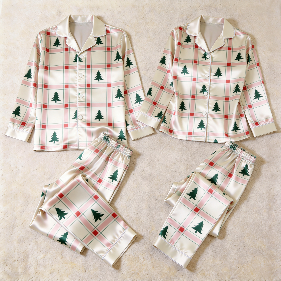 Christmas Tree Plaid Satin Matching Pajamas for Couples – Long Sleeve Button-Down Top & Pants Sleepwear Set