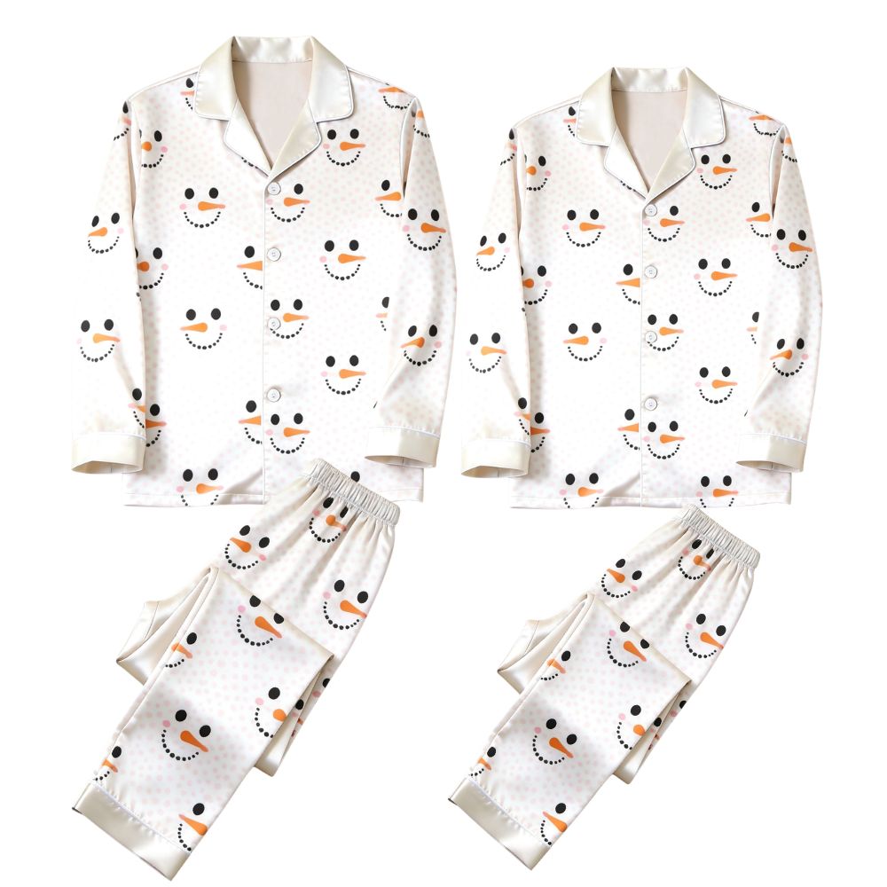 Cute Snowman Face Print Satin Matching Pajamas for Couples – Long Sleeve Button-Down Top & Pants Sleepwear Set