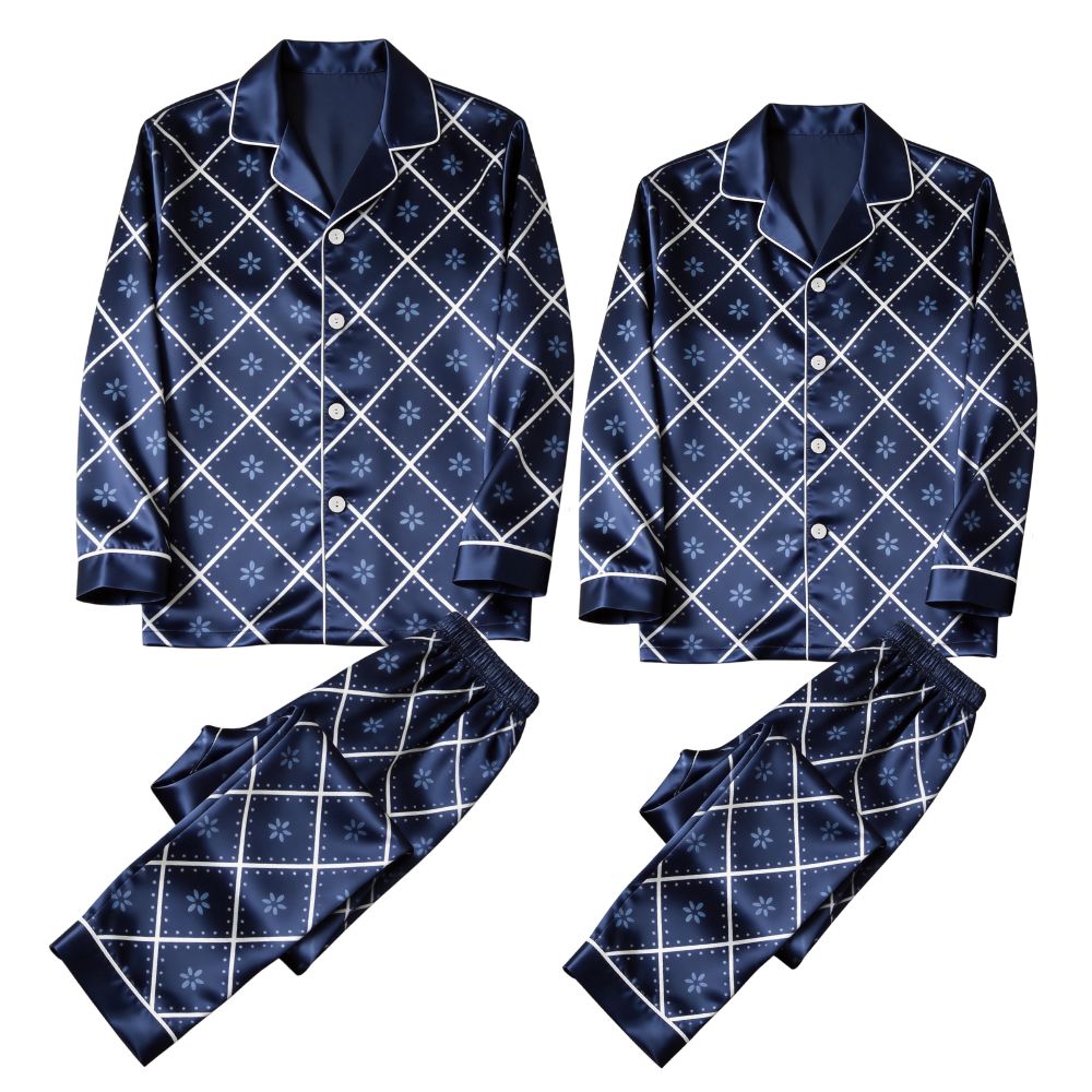 Navy Blue Floral Diamond Grid Satin Matching Pajamas for Couples – Long Sleeve Button-Down Top & Pants Sleepwear Set