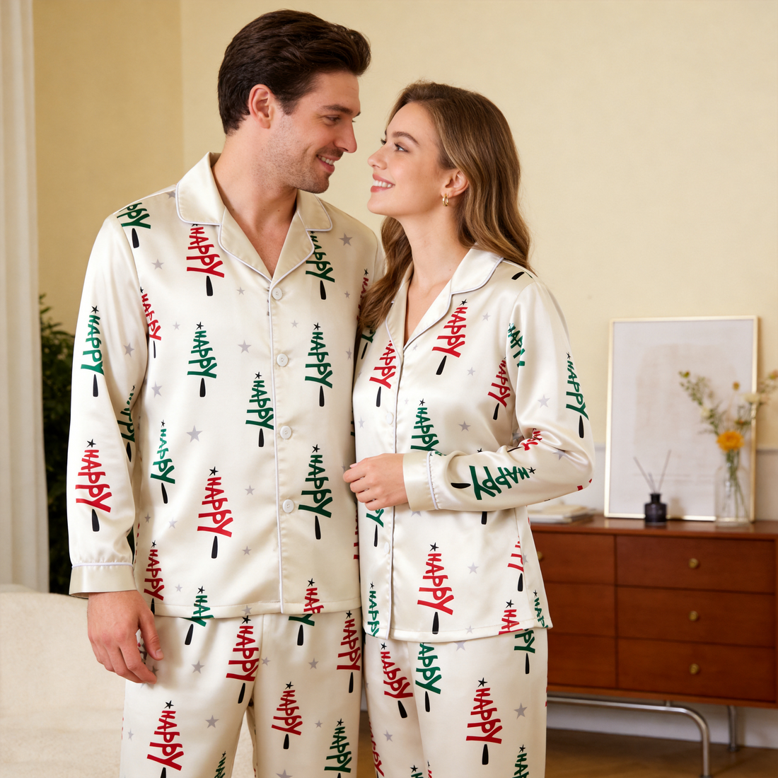 Ivory "Happy" Tree & Star Print Satin Matching Pajamas for Couples – Long Sleeve Button-Down Top & Pants Sleepwear Set