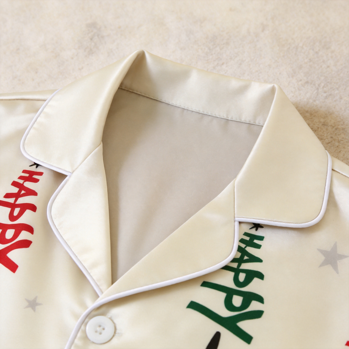 Ivory "Happy" Tree & Star Print Satin Matching Pajamas for Couples – Long Sleeve Button-Down Top & Pants Sleepwear Set