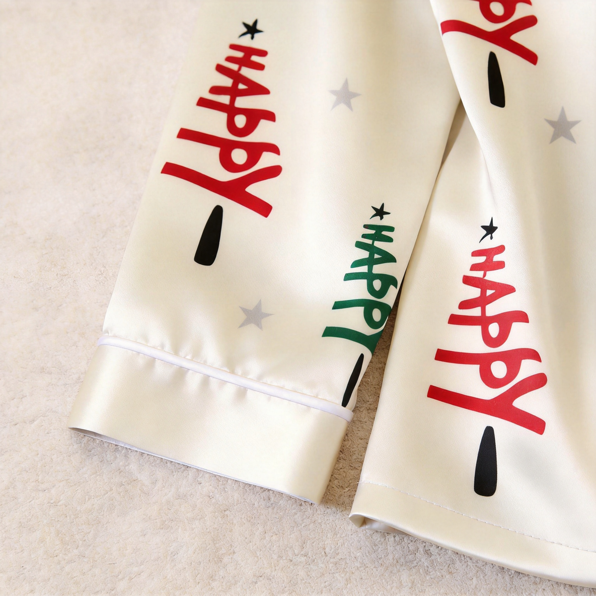 Holiday Happy Typography Christmas Tree Print Satin Matching Pajamas for Couples – Long Sleeve Button-Down Top & Pants Sleepwear Set