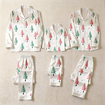 Satin Happy Christmas Tree Print Family Matching Pajamas Set Long Sleeve Button-Down Festive Sleepwear