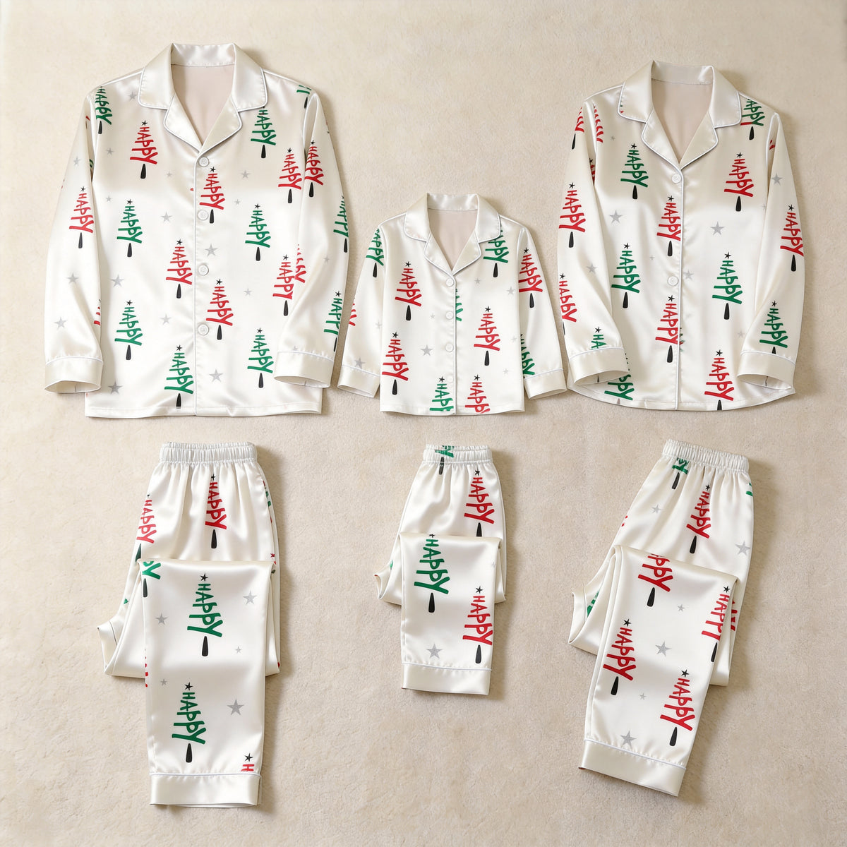 Satin Happy Christmas Tree Print Family Matching Pajamas Set Long Sleeve Button-Down Festive Sleepwear