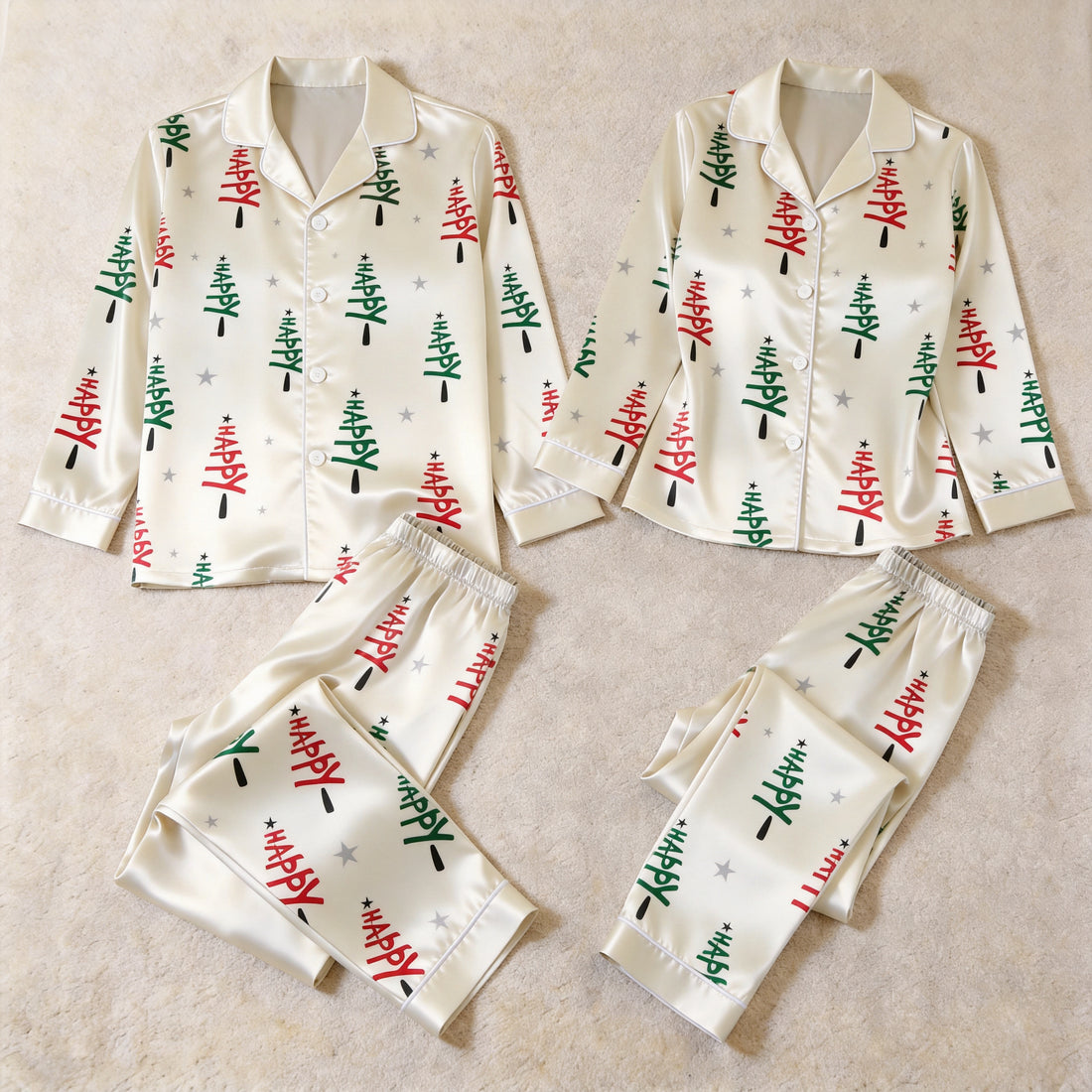 Holiday Happy Typography Christmas Tree Print Satin Matching Pajamas for Couples – Long Sleeve Button-Down Top & Pants Sleepwear Set