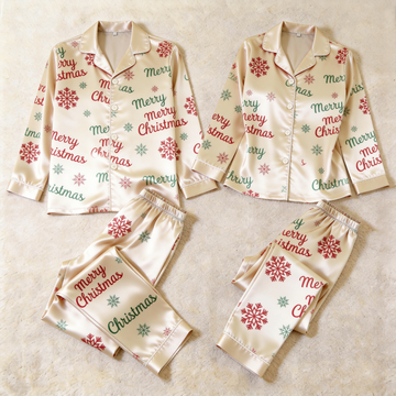 Merry Christmas Snowflake Satin Matching Pajamas for Couples – Long Sleeve Button-Down Top & Pants Sleepwear Set