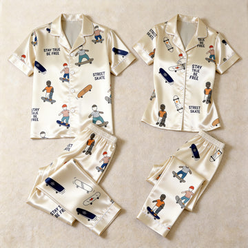 Cool Skateboard Print Satin Matching Couple Pajamas – Short Sleeve Button-Down Top & Pants Sleepwear Set