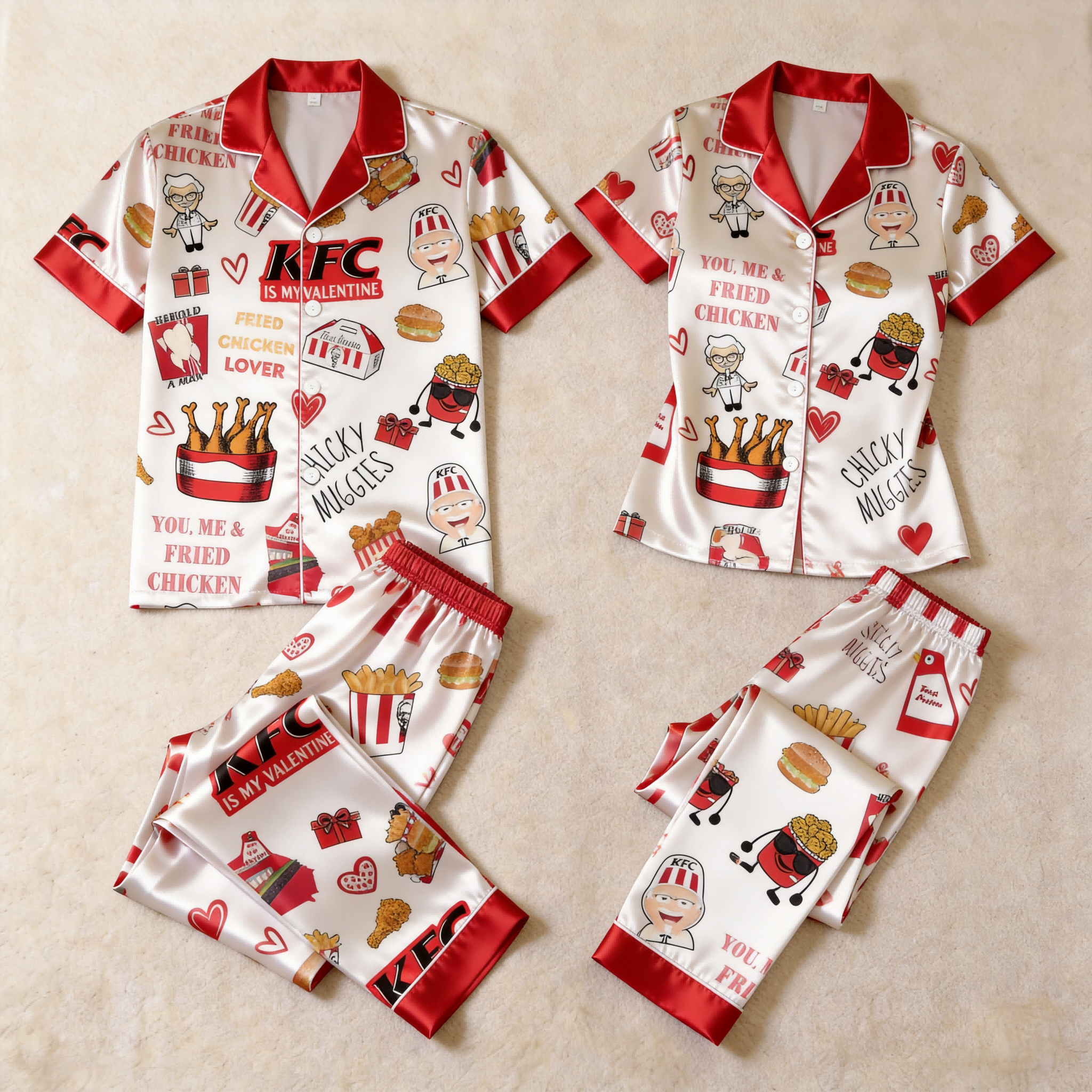 Burger & Fries Comfort Food Motif Satin Couples Pajamas – Short Sleeve Button-Up Loungewear Set with Pants