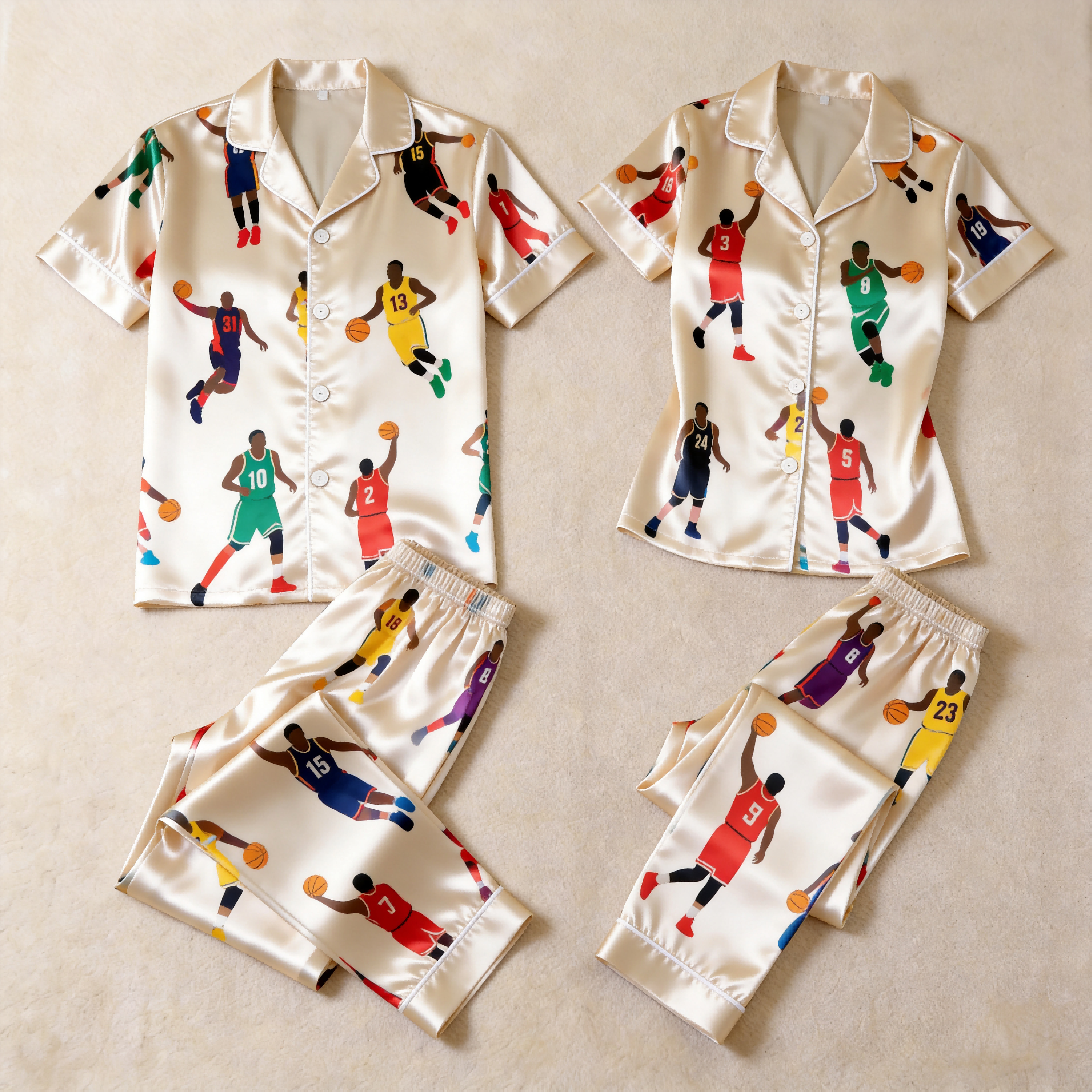 American Football Print Satin Matching Couple Pajamas – Short Sleeve Button-Down Top & Pants Sleepwear Set