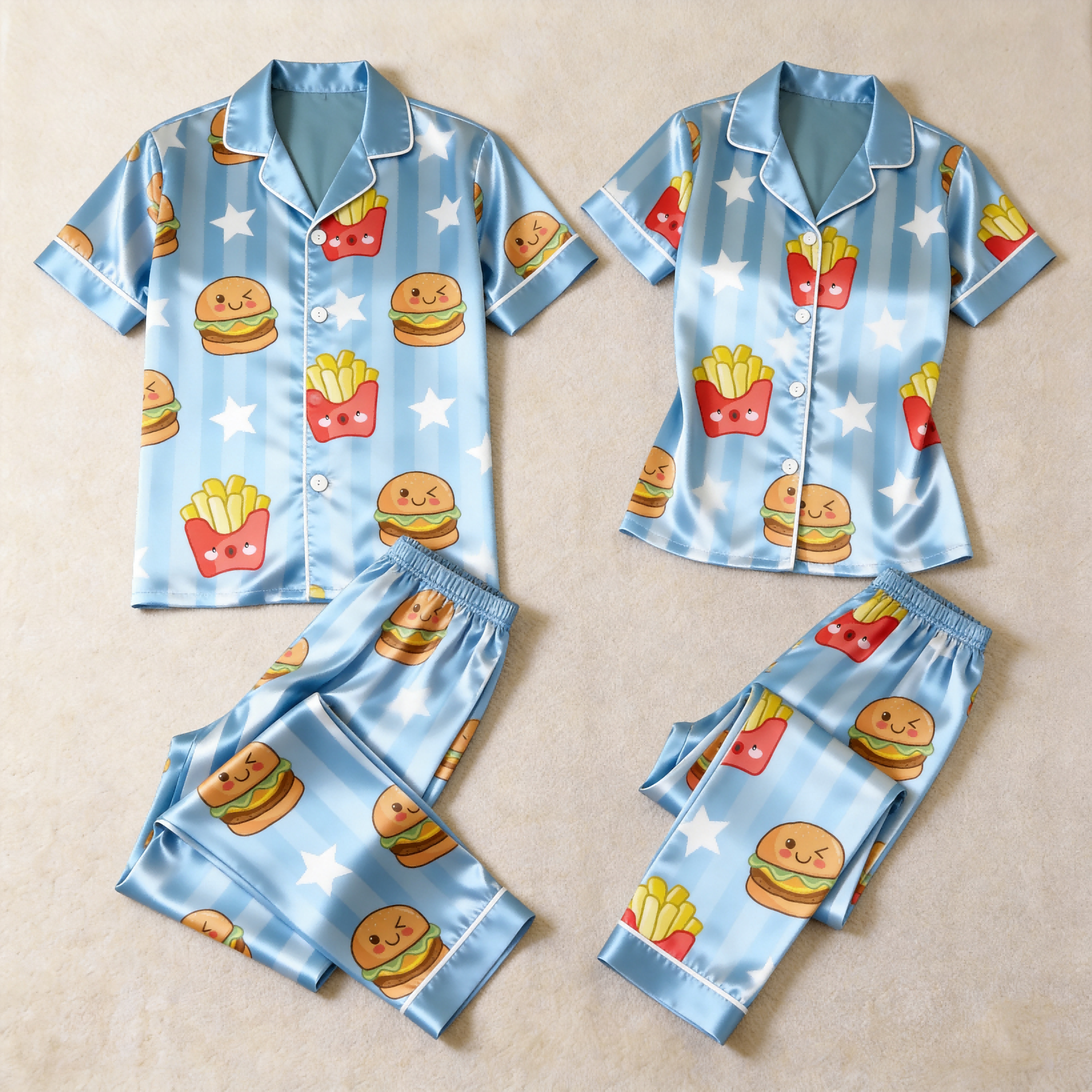 Burger & Fries Match Made in Heaven Satin Matching Couple Pajamas – Short Sleeve Button-Down Top & Pants Sleepwear Set