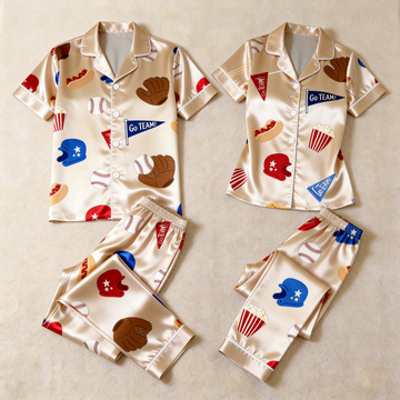 America's Pastime Baseball Print Satin Matching Couple Pajamas – Short Sleeve Button-Down Top & Pants Sleepwear Set