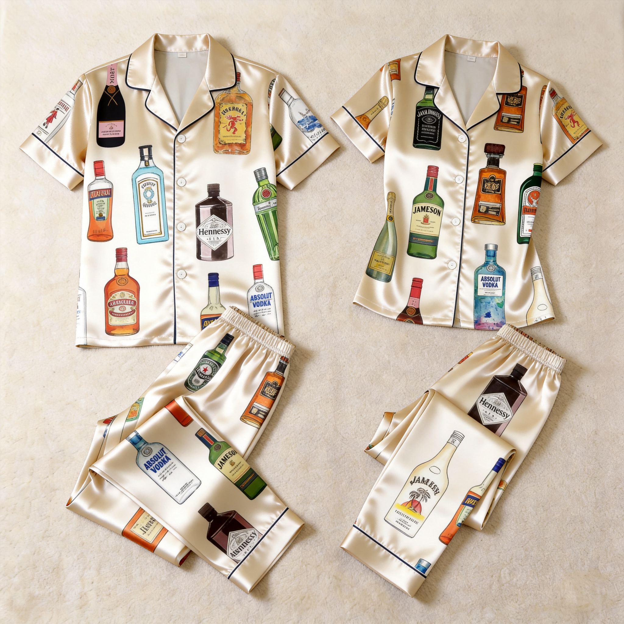 Happy Hour Bottle Print Satin Matching Couple Pajamas – Short Sleeve Button-Down Top & Pants Sleepwear Set