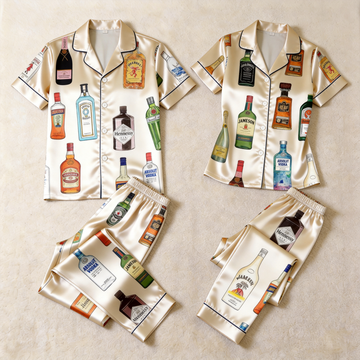 Happy Hour Bottle Print Satin Matching Couple Pajamas – Short Sleeve Button-Down Top & Pants Sleepwear Set